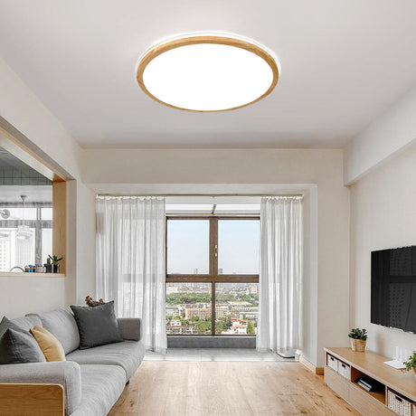 Natural Circle Wood LED Ceiling Light Living Room Image - 1