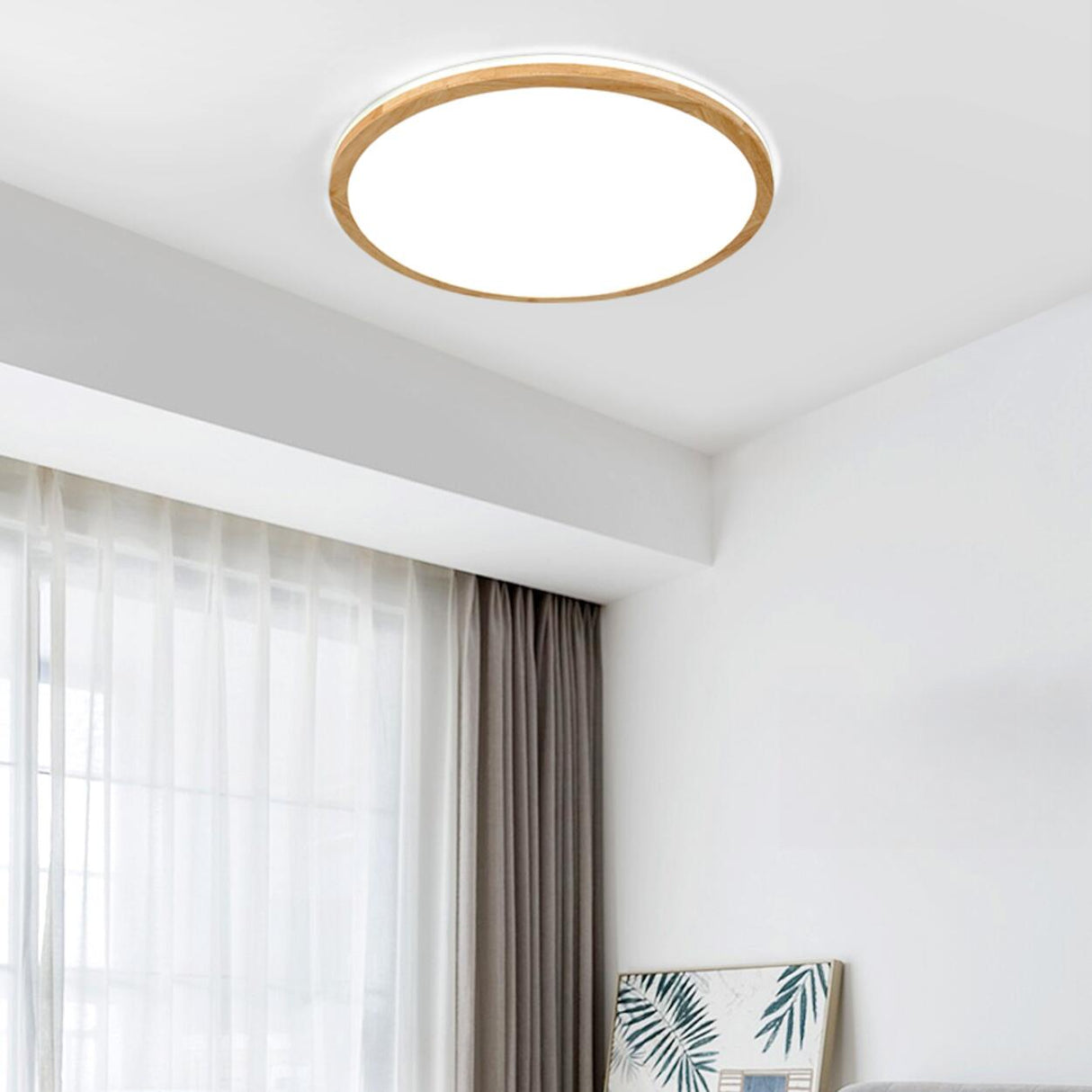 Natural Circle Wood LED Ceiling Light Living Room Image - 3