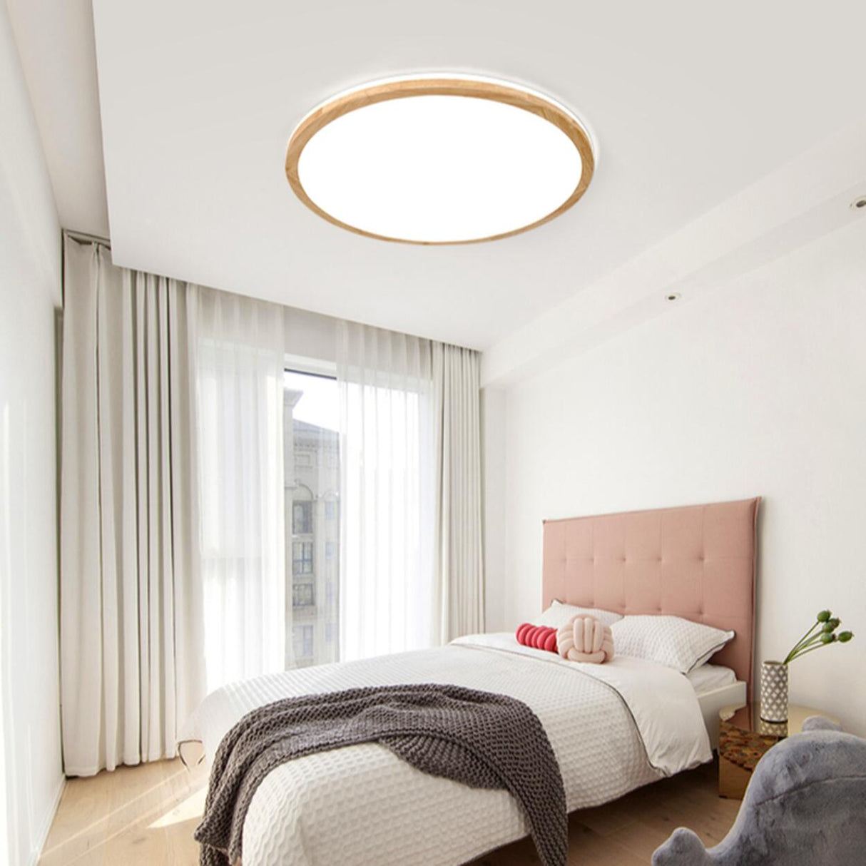 Natural Circle Wood LED Ceiling Light Living Room Image - 6