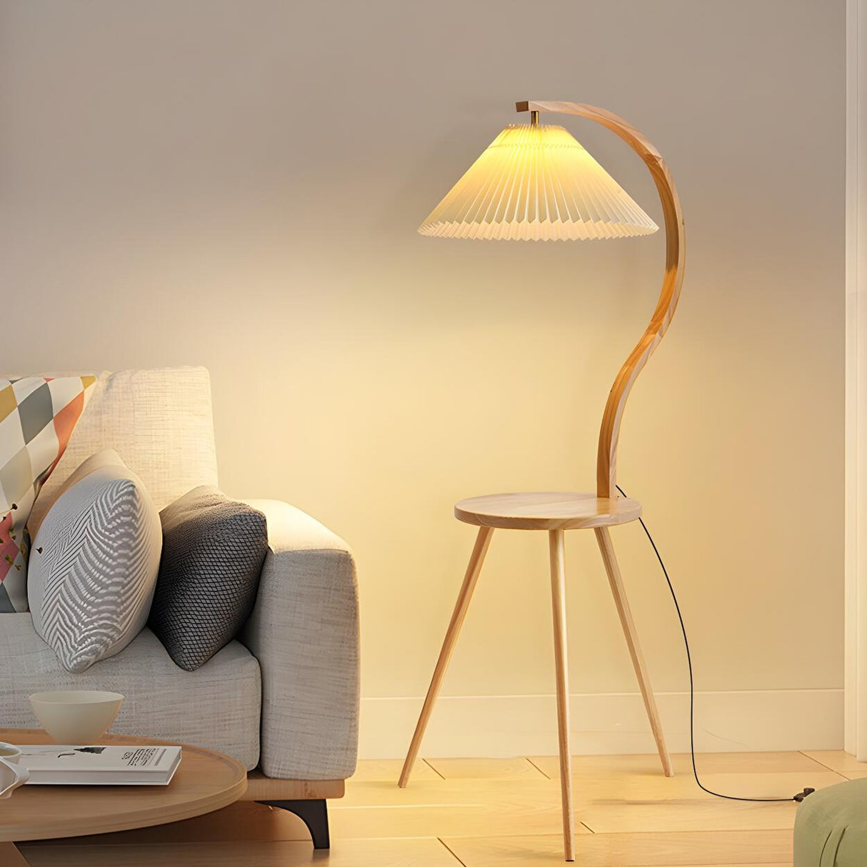 Natural Cone Wooden Floor Lamp with Side Table Image - 6