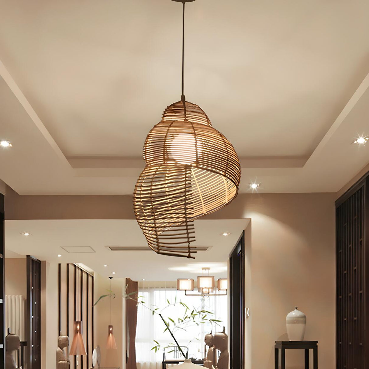 Natural Dining Room Rattan Conch Shaped Pendant Light Image - 7