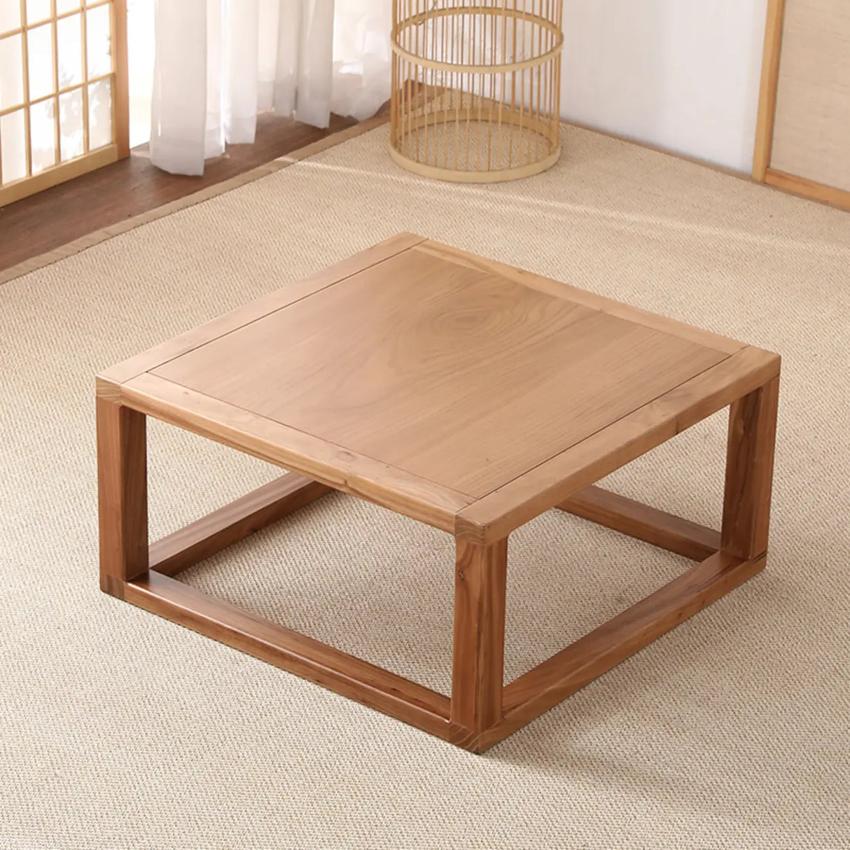 Natural Elm Wood Square Frame Base Low Coffee Table Image - 2