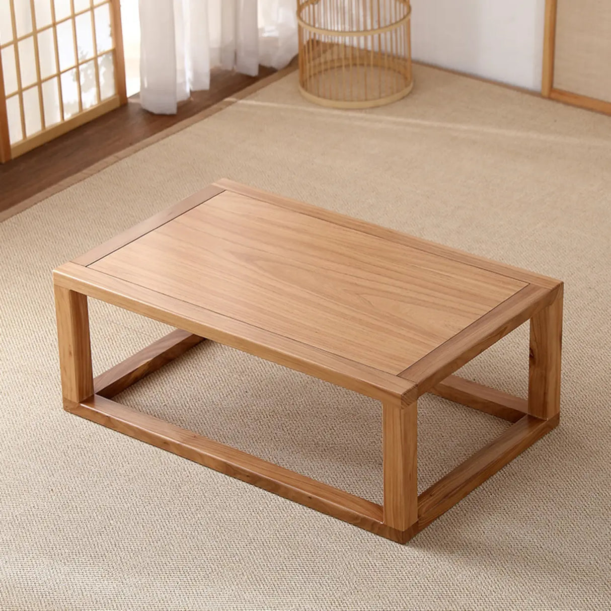 Natural Elm Wood Square Frame Base Low Coffee Table Image - 5