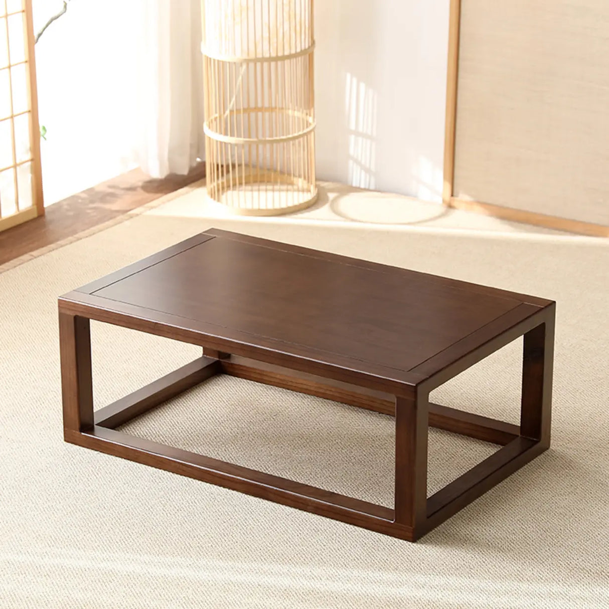 Natural Elm Wood Square Frame Base Low Coffee Table Image - 7