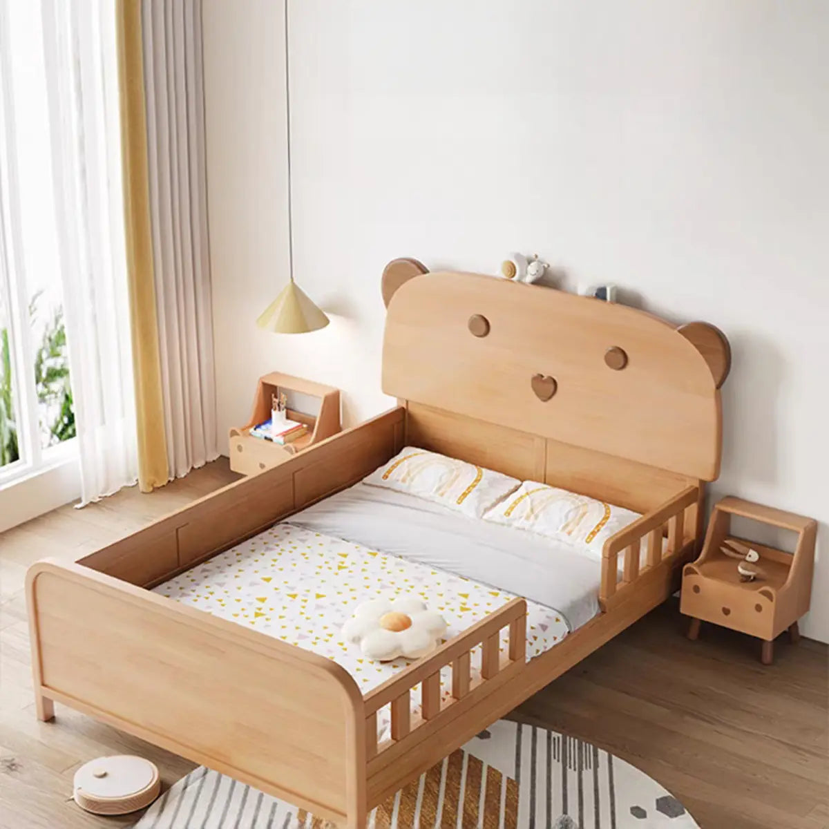 Natural Finish Animals Wooden Kids Bed with Guardrail Image - 4