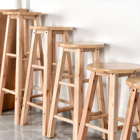 Natural Finish Oak Round Wood Backless Bar Stools Image - 1