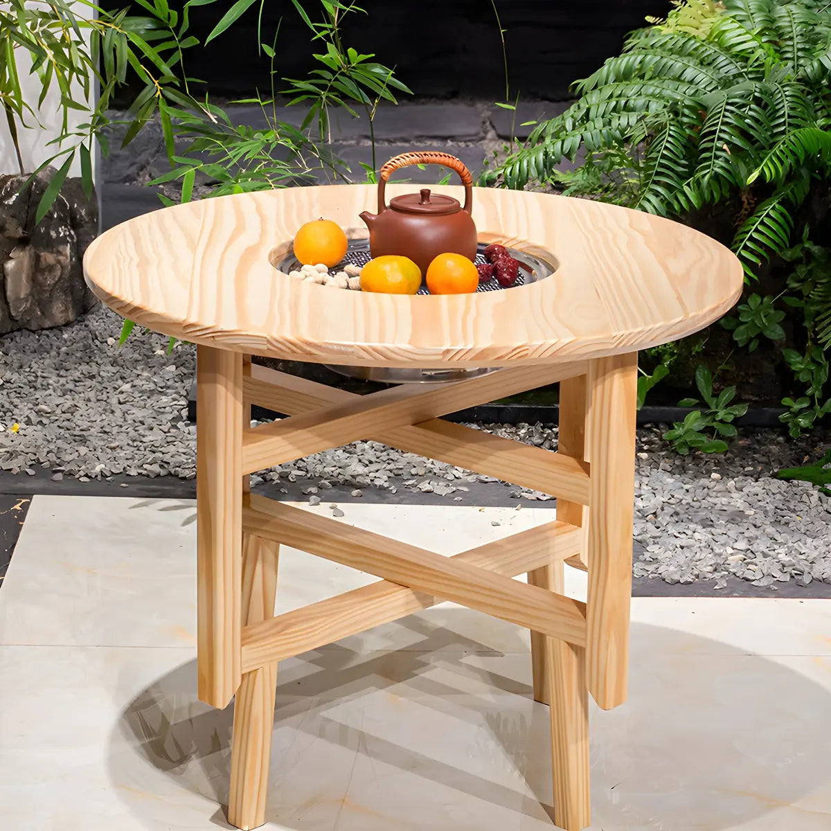 Natural Finish Pine Wood Round Outdoor Coffee Table Image - 1