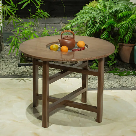 Natural Finish Pine Wood Round Outdoor Coffee Table Image - 2