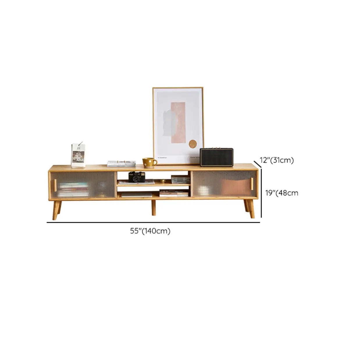 Natural Finish Rectangle Wood Open Storage TV Stand 