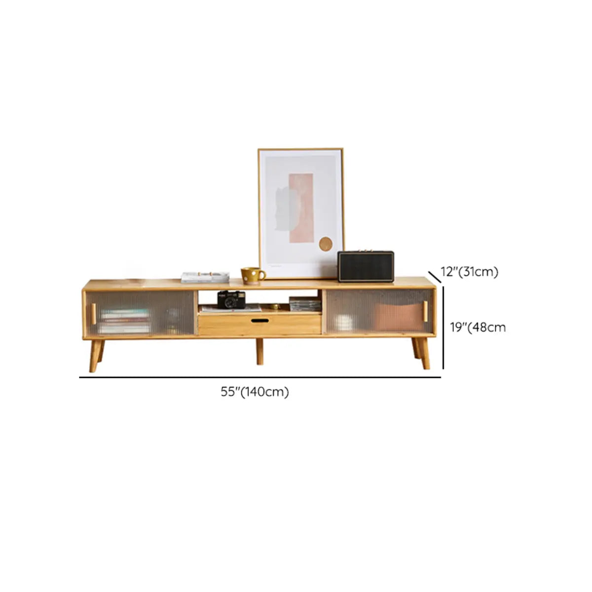 Natural Finish Rectangle Wood Open Storage TV Stand Image - 13