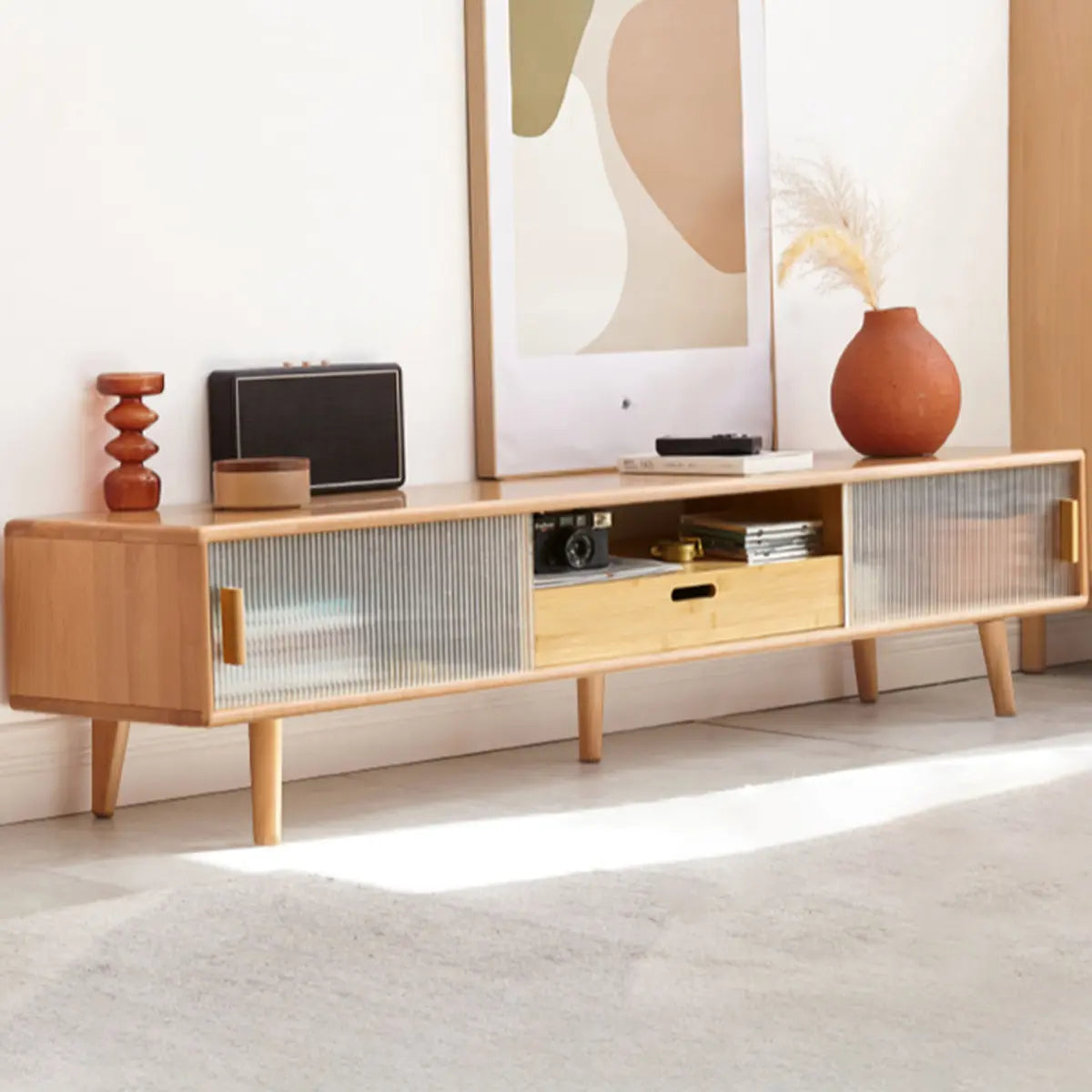 Natural Finish Rectangle Wood Open Storage TV Stand Image - 3