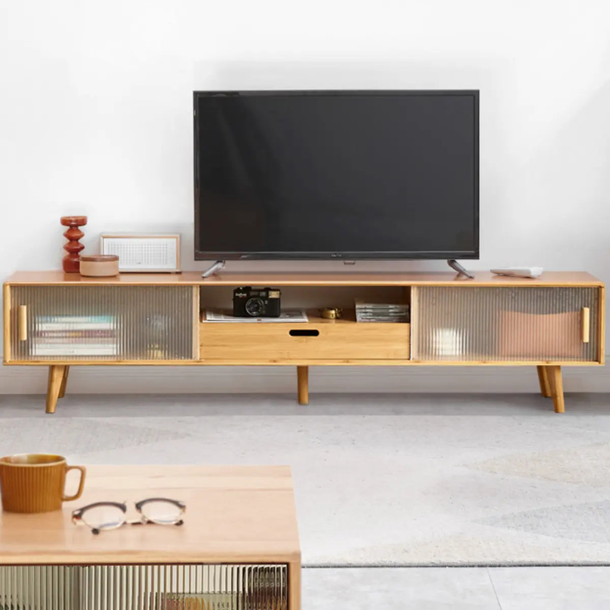 Natural Finish Rectangle Wood Open Storage TV Stand Image - 4