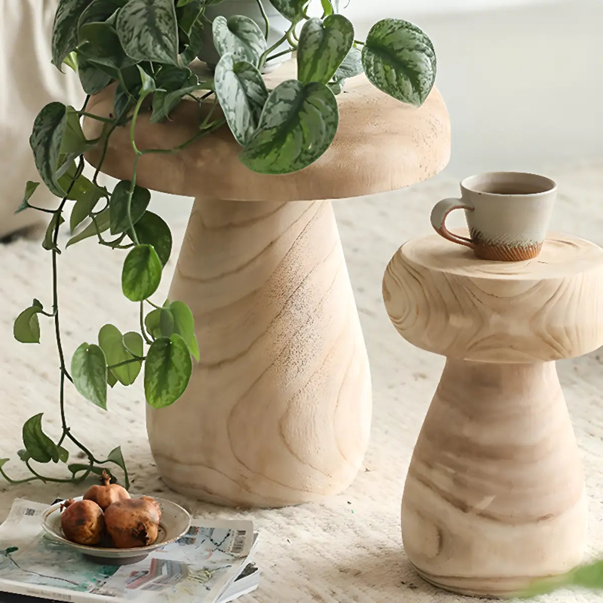 Natural Finish Round Pedestal Wood Mushroom End Table Image - 3