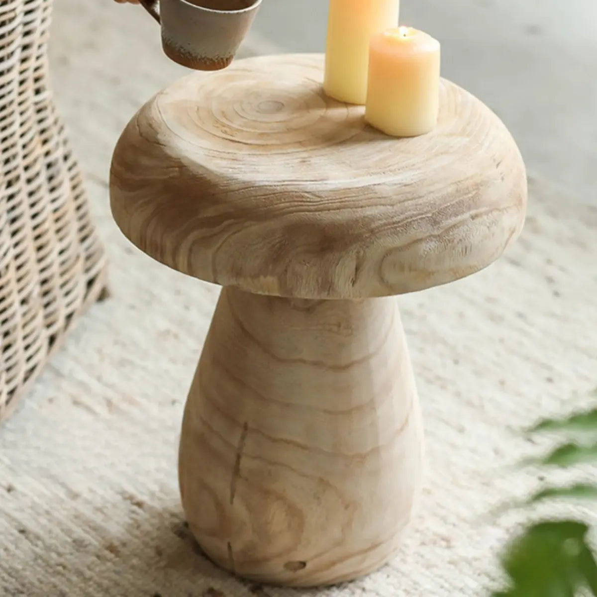 Natural Finish Round Pedestal Wood Mushroom End Table Image - 4