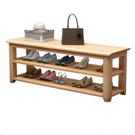 Natural Finish Rubberwood Entryway Bench with Shelves Image - 2