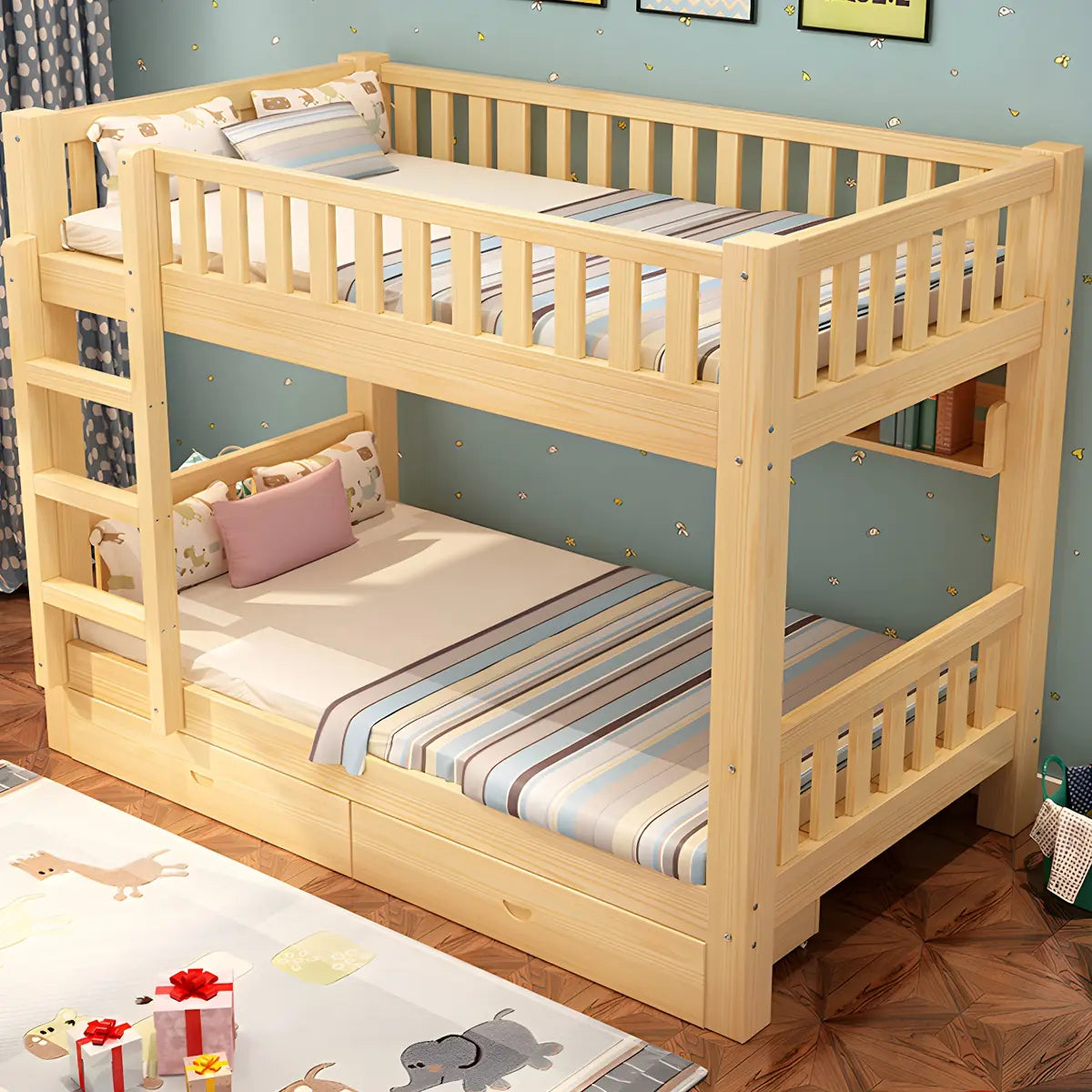 Natural Finish Rubberwood Twin Bunk Bed with Storage Image - 1