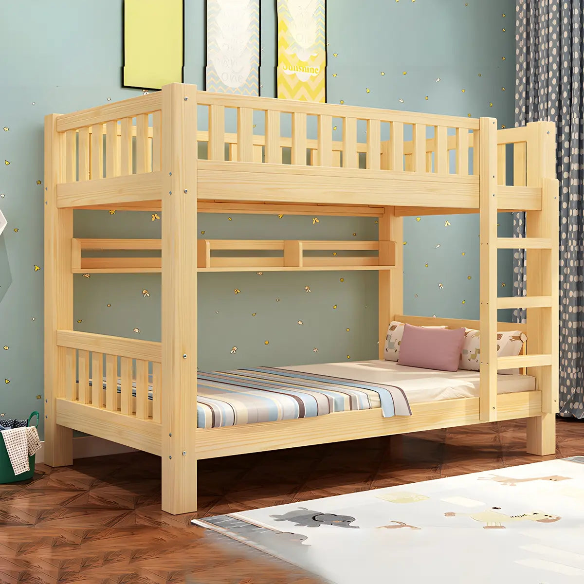 Natural Finish Rubberwood Twin Bunk Bed with Storage Image - 15