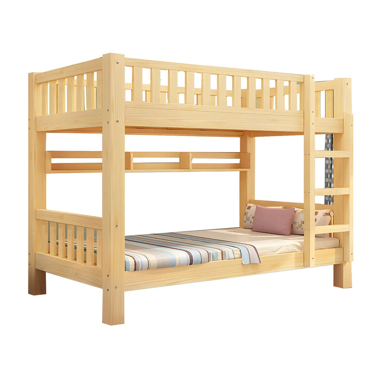 Natural Finish Rubberwood Twin Bunk Bed with Storage Image - 18