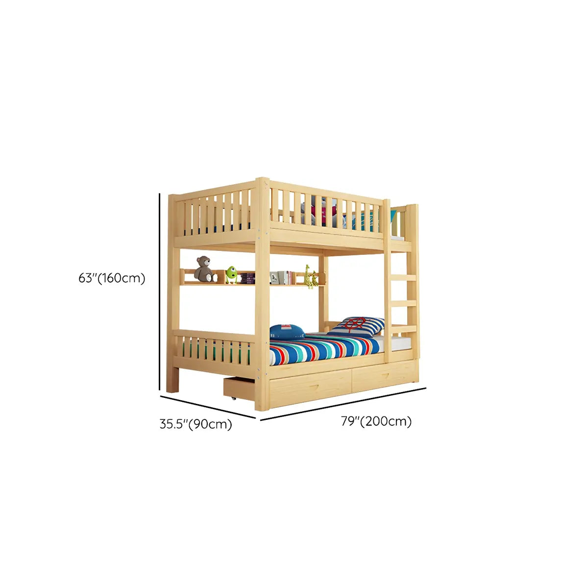 Natural Finish Rubberwood Twin Bunk Bed with Storage Image - 20