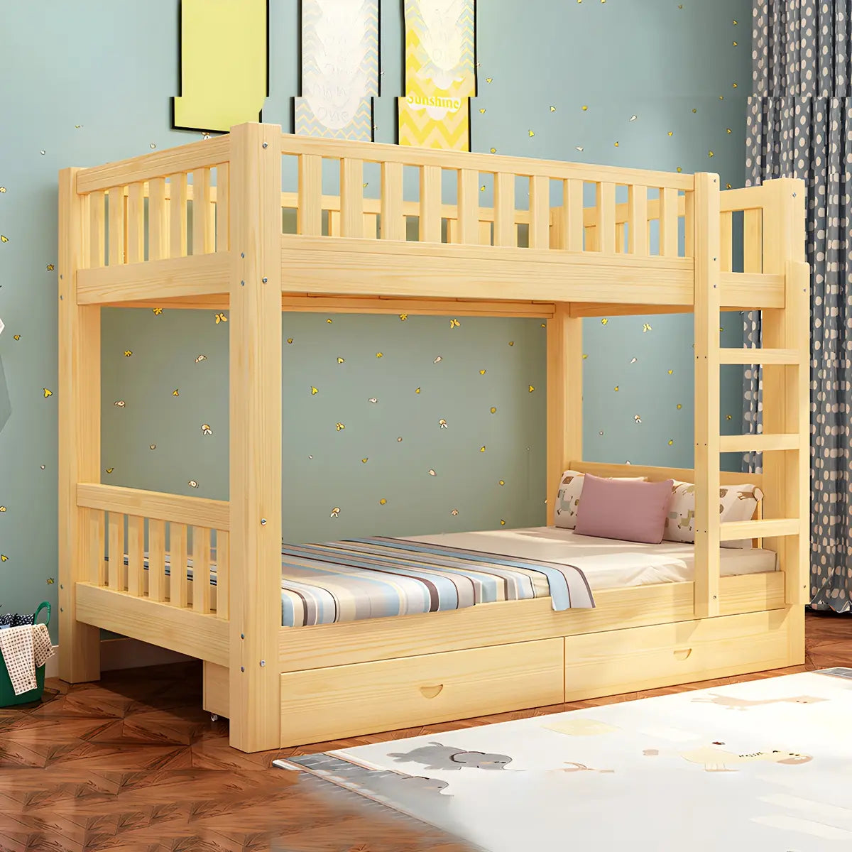 Natural Finish Rubberwood Twin Bunk Bed with Storage Image - 3