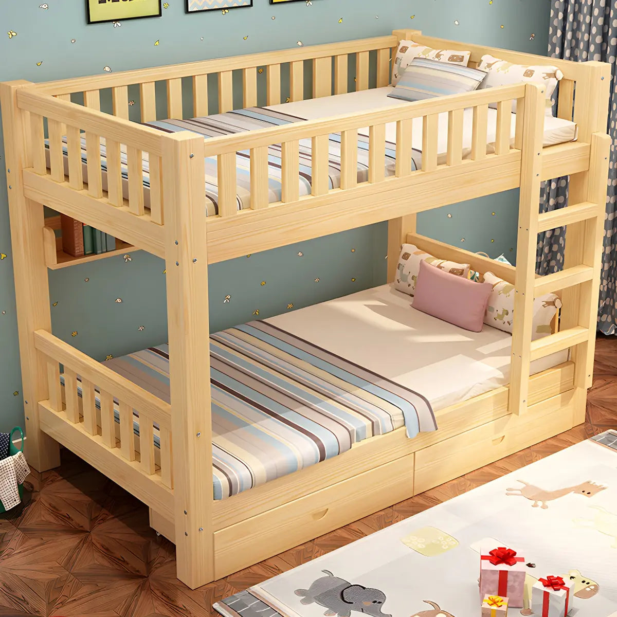 Natural Finish Rubberwood Twin Bunk Bed with Storage Image - 4