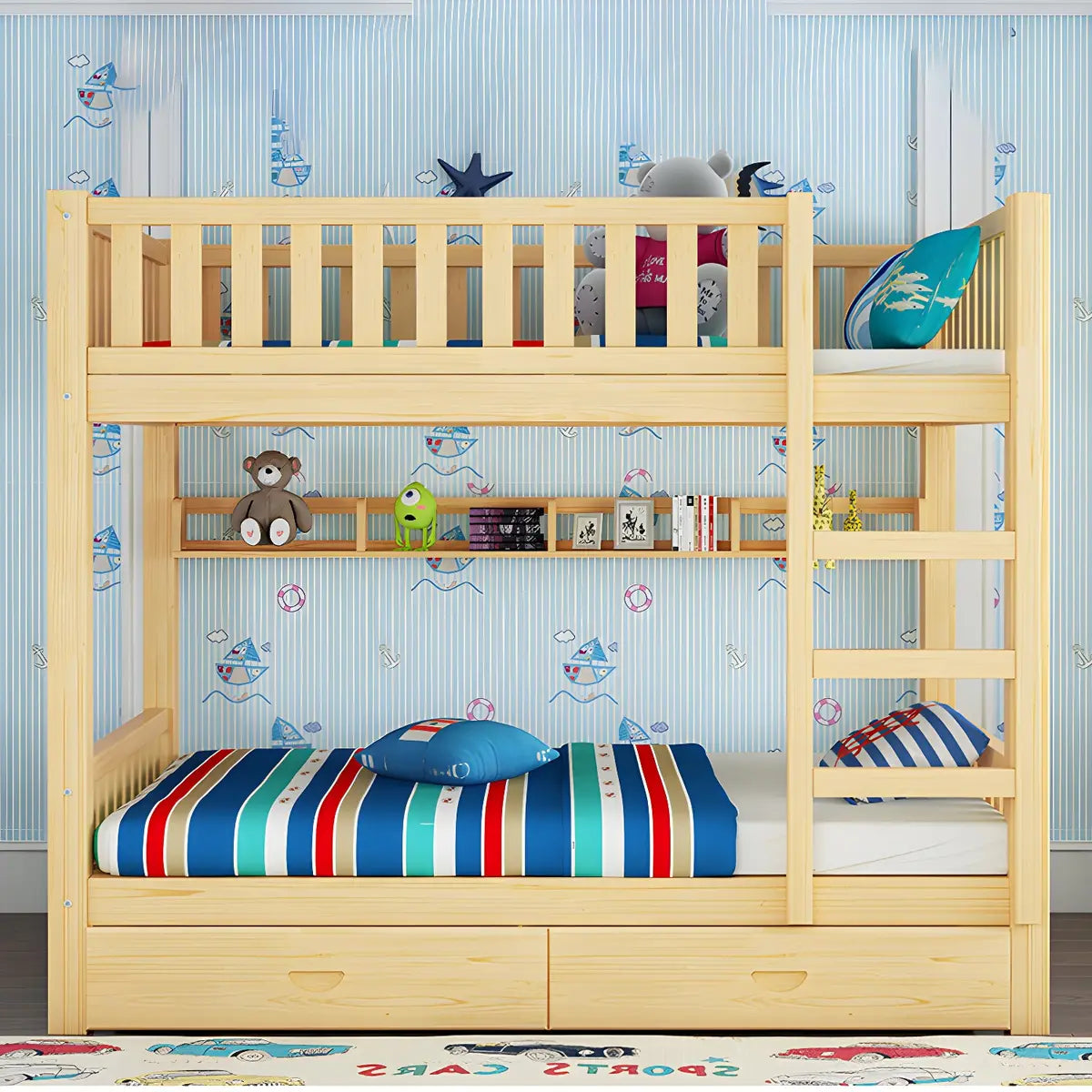 Natural Finish Rubberwood Twin Bunk Bed with Storage Image - 5