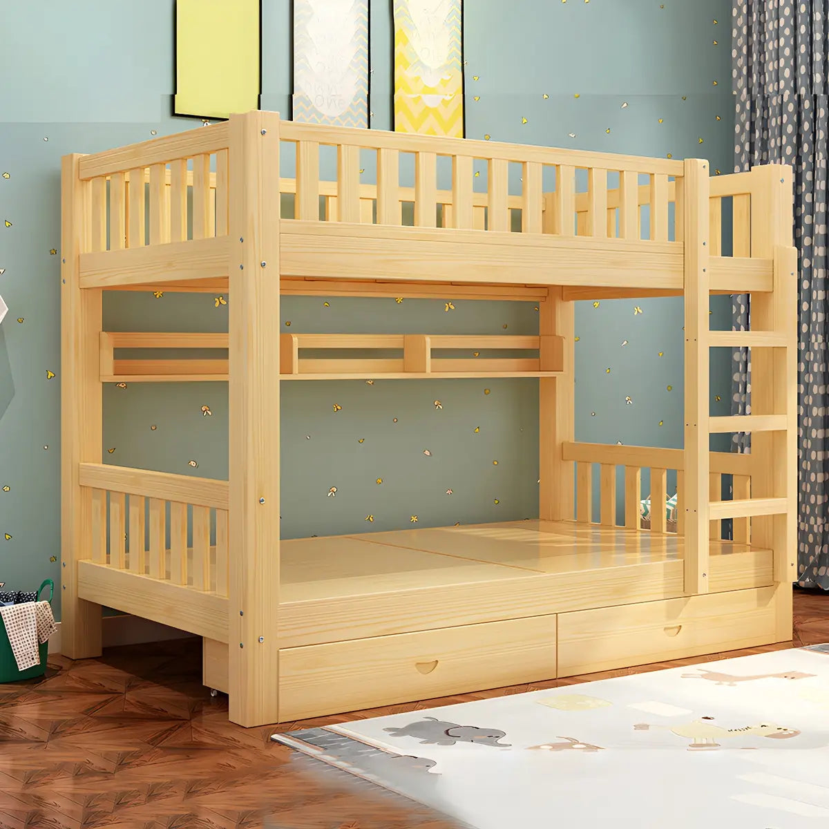 Natural Finish Rubberwood Twin Bunk Bed with Storage Image - 6