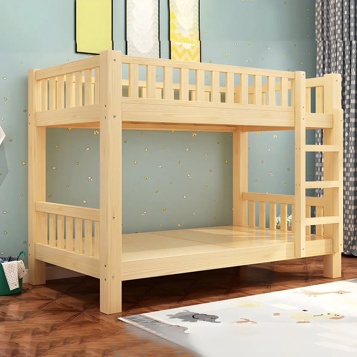 Natural Finish Rubberwood Twin Bunk Bed with Storage Image - 9