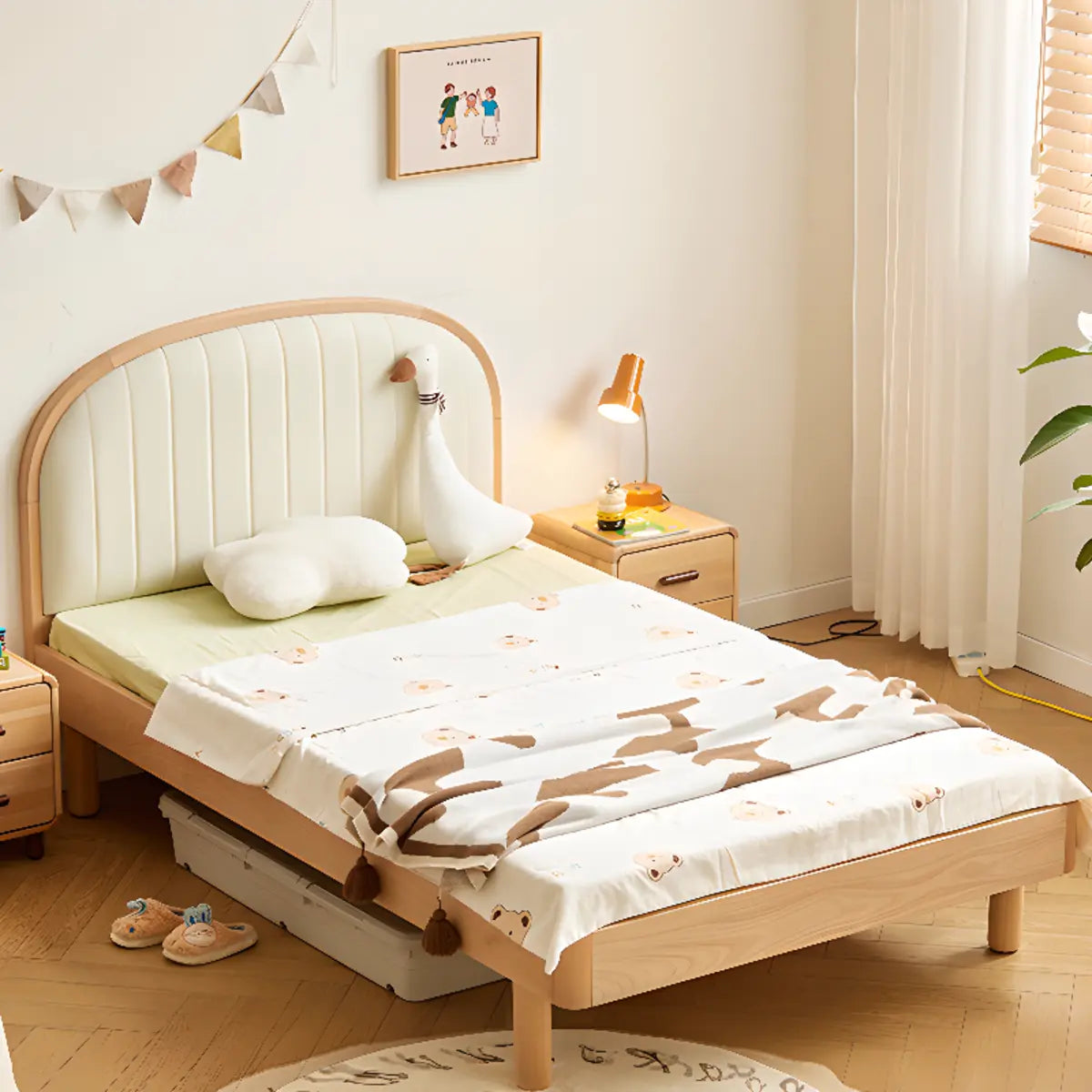 Natural Finish Upholstered Wood Low Clearance Kids Bed Image - 2