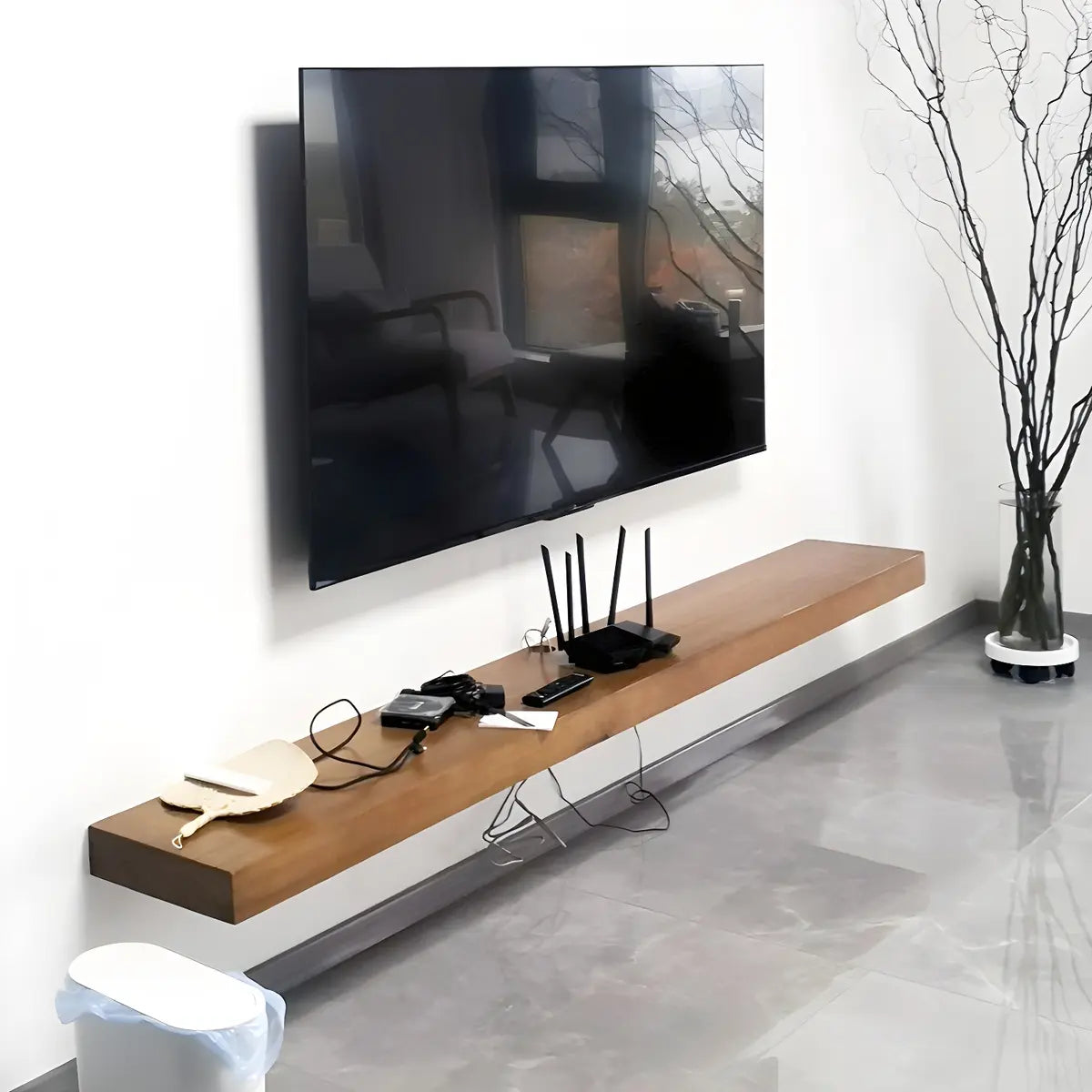 Natural Finish Wall-Mount Wood Open Storage TV Stand Image - 6