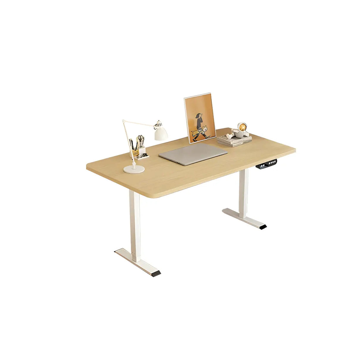 Natural Finish Wood Adjustable T-Shape Standing Desk Image - 7