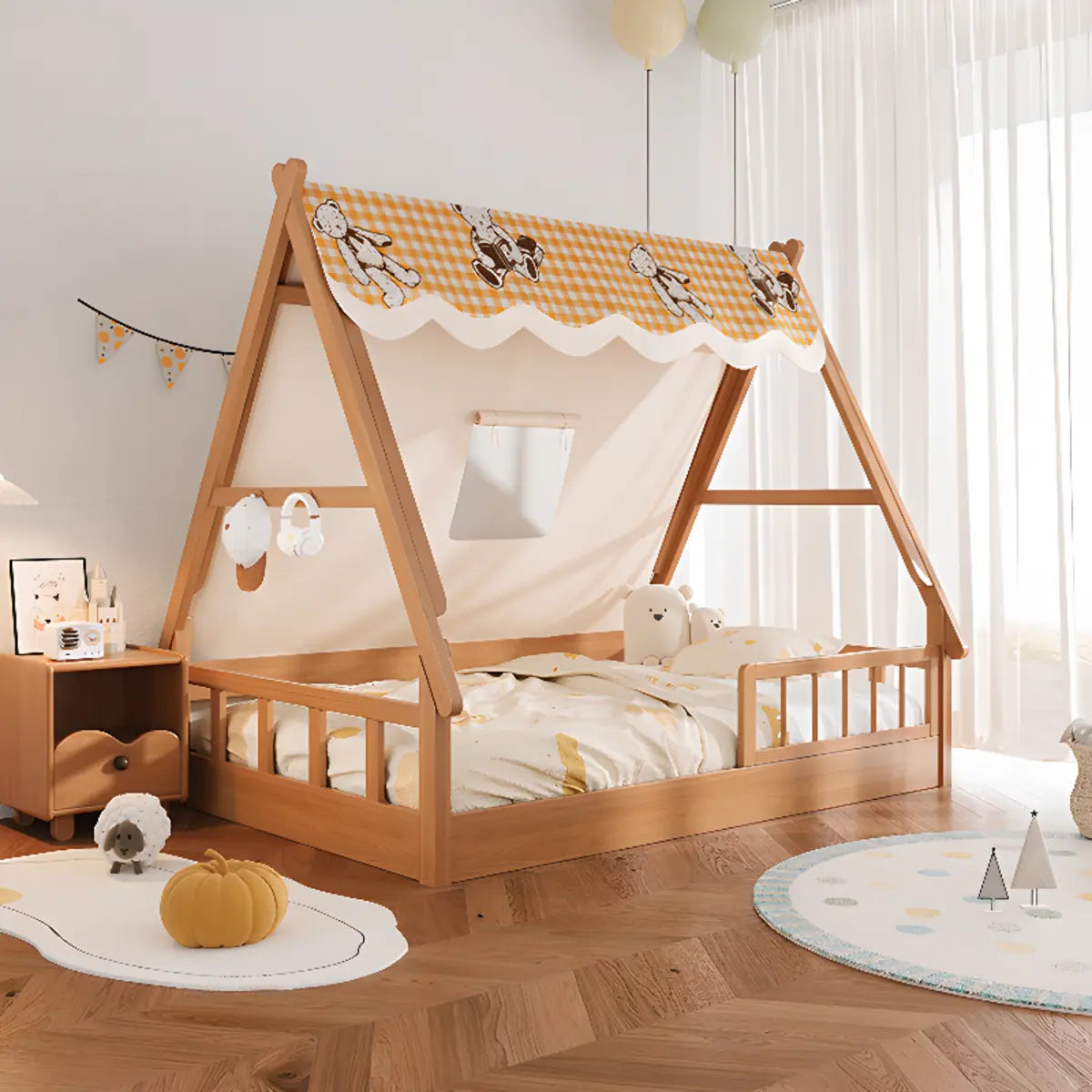 Natural Finish Wood Dollhouse Kids Bed with Guardrail Image - 1