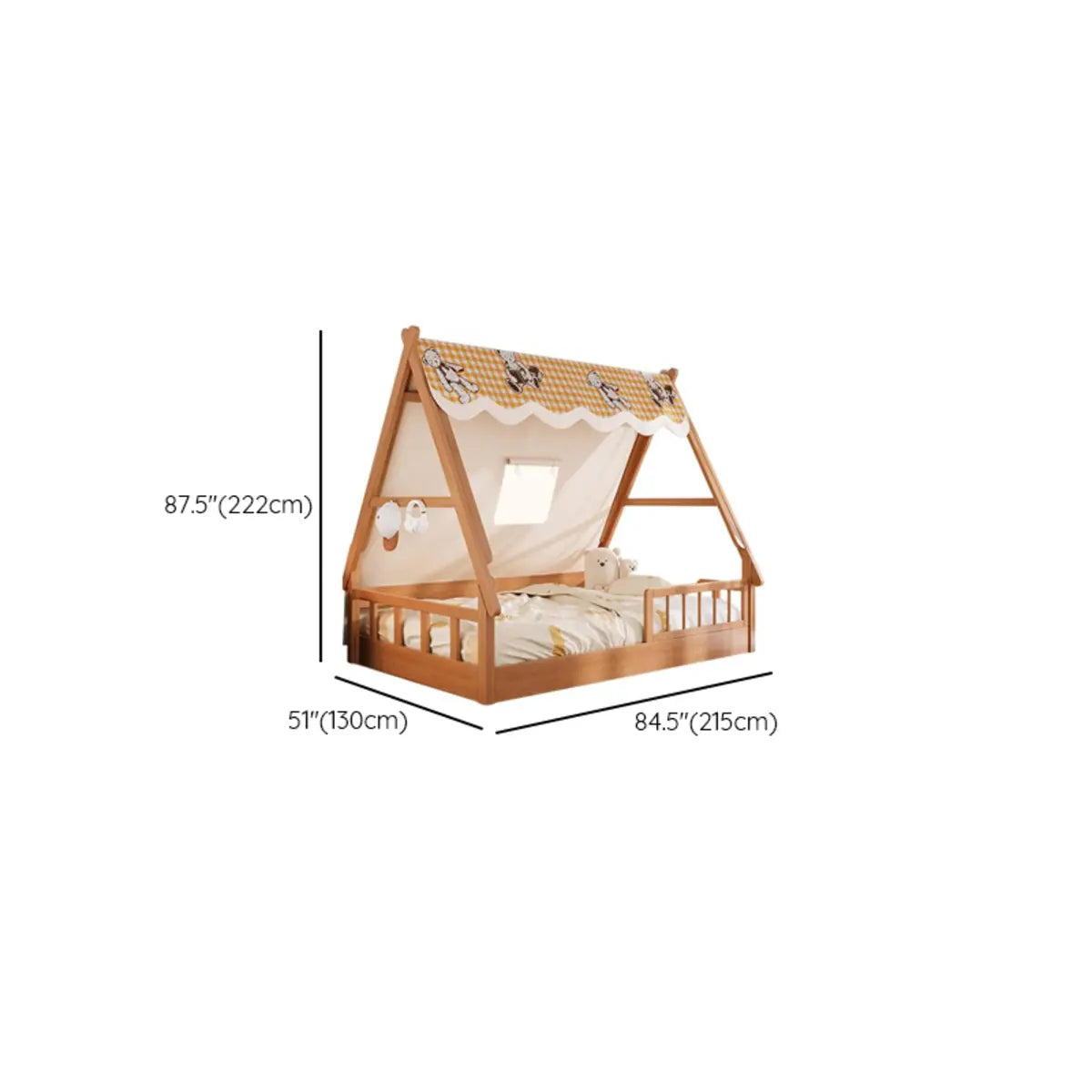 Natural Finish Wood Dollhouse Kids Bed with Guardrail 