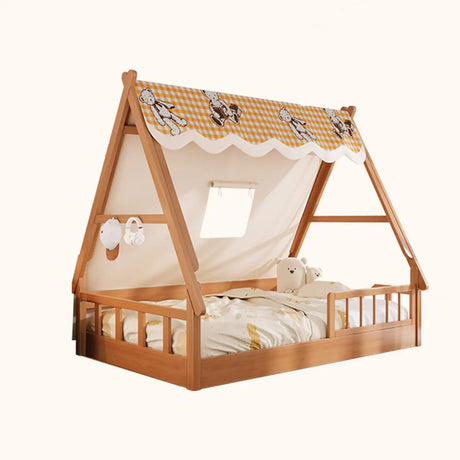 Natural Finish Wood Dollhouse Kids Bed with Guardrail Image - 2