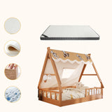 Natural Finish Wood Dollhouse Kids Bed with Guardrail Image - 3