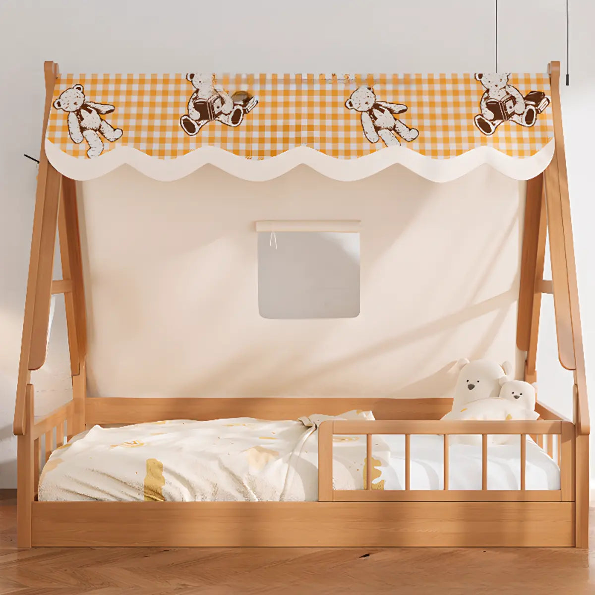 Natural Finish Wood Dollhouse Kids Bed with Guardrail Image - 4