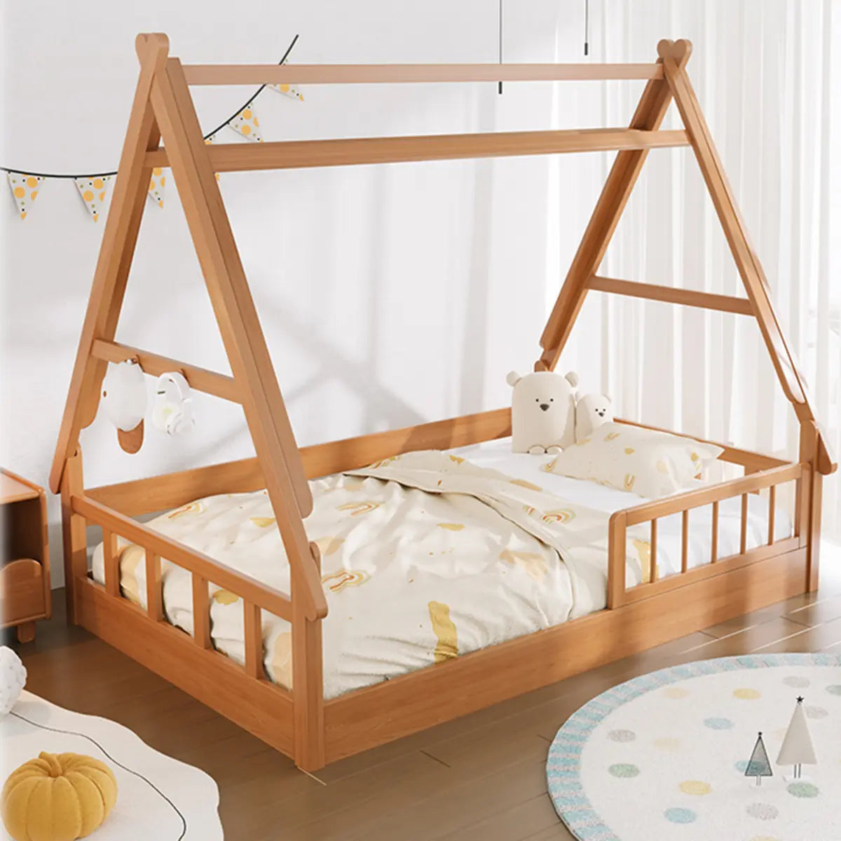 Natural Finish Wood Dollhouse Kids Bed with Guardrail Image - 5