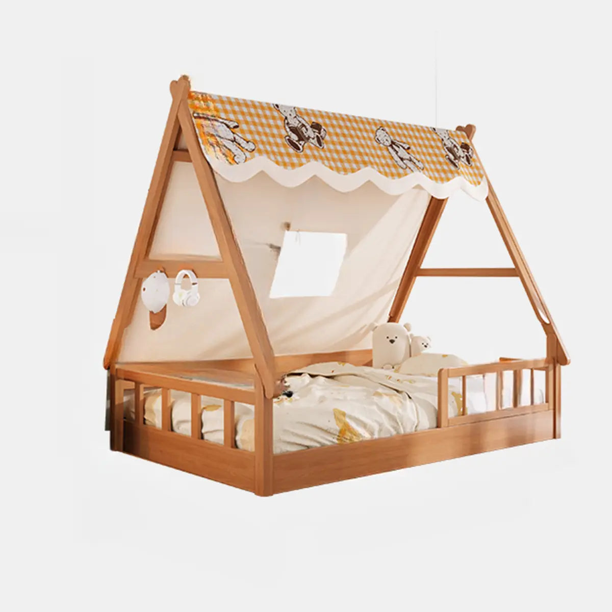 Natural Finish Wood Dollhouse Kids Bed with Guardrail Image - 6