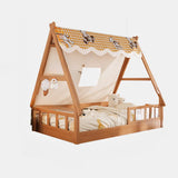 Natural Finish Wood Dollhouse Kids Bed with Guardrail Image - 6