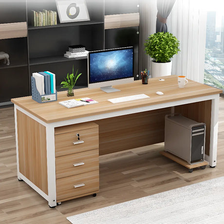 Natural Finish Wood Drawers H-Shape Computer Desk Image - 1