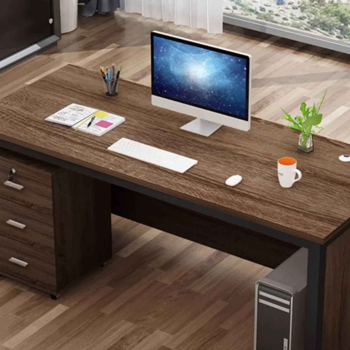 Natural Finish Wood Drawers H-Shape Computer Desk Image - 7