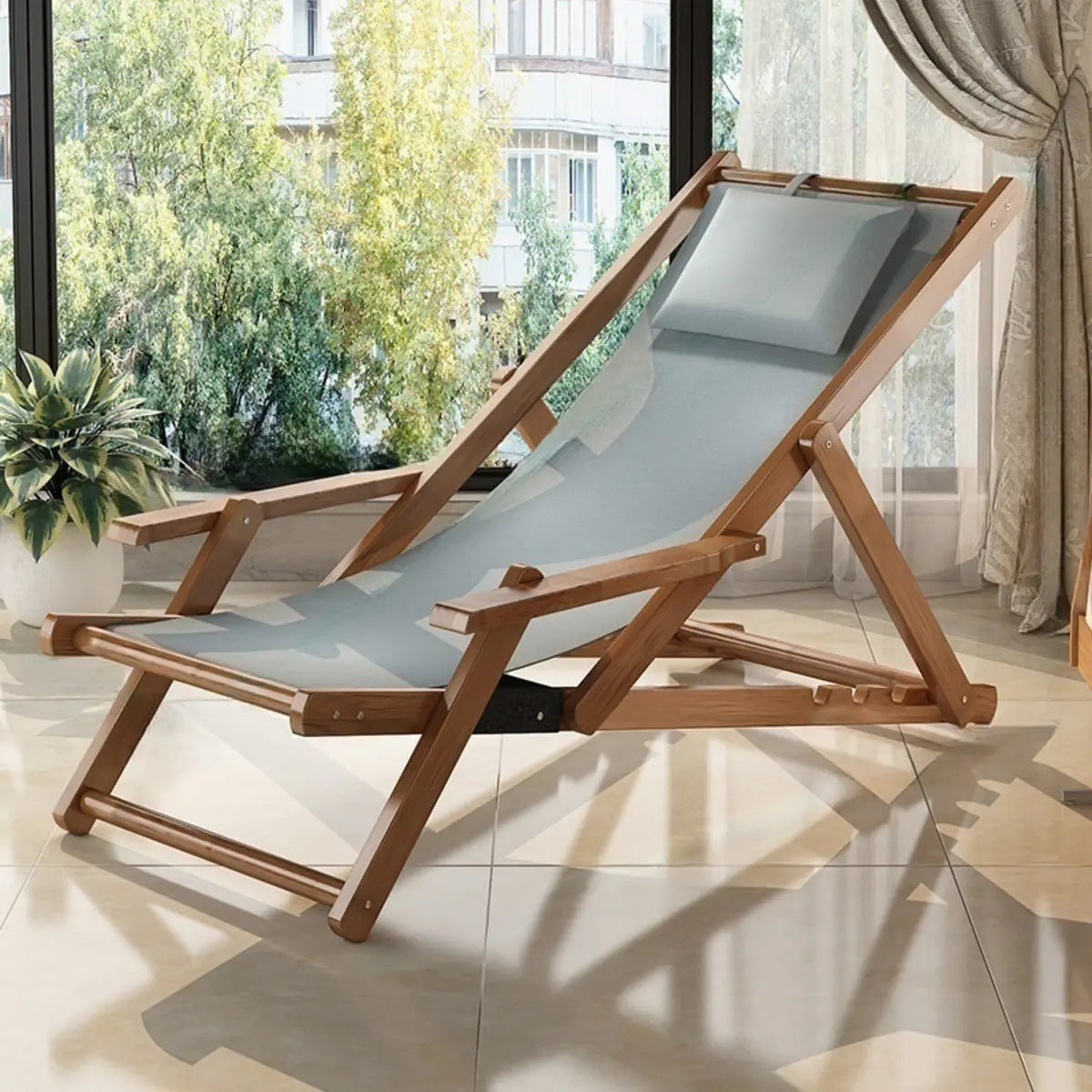 Natural Finish Wood Foldable Lounge Recliners White Image - 11