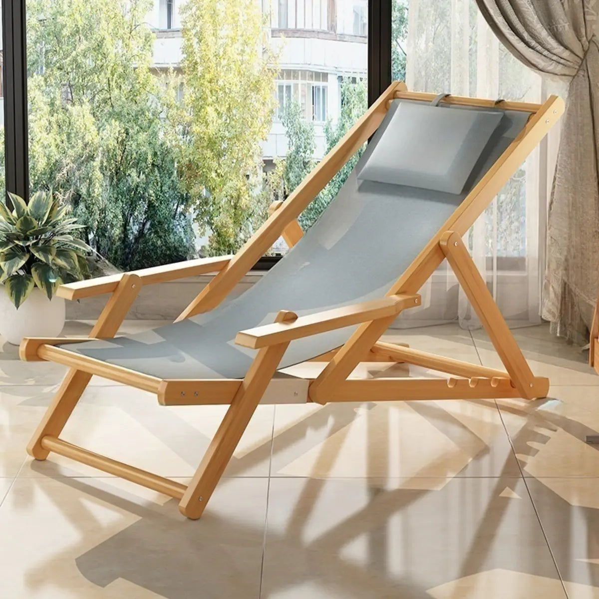 Natural Finish Wood Foldable Lounge Recliners White Image - 3