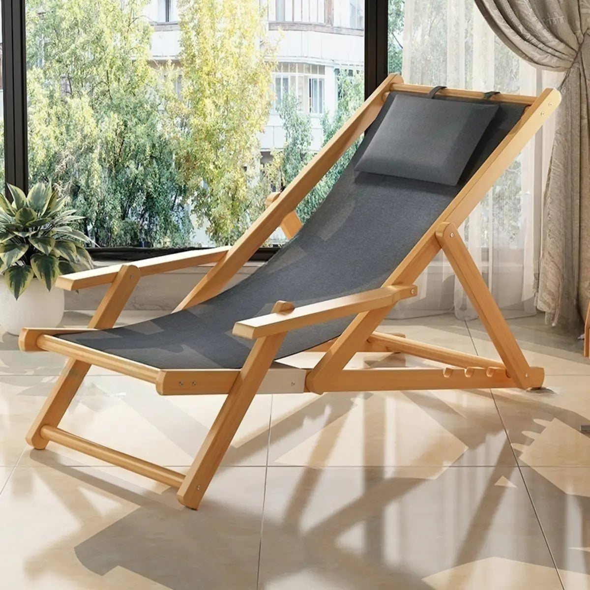 Natural Finish Wood Foldable Lounge Recliners White Image - 7