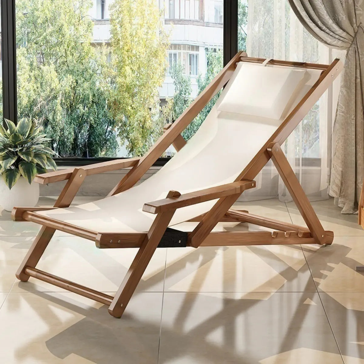 Natural Finish Wood Foldable Lounge Recliners White Image - 9