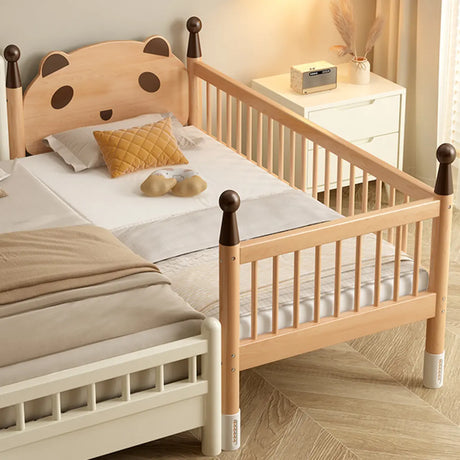 Natural Finish Wood Frame Kids Bed with Guardrail Image - 1