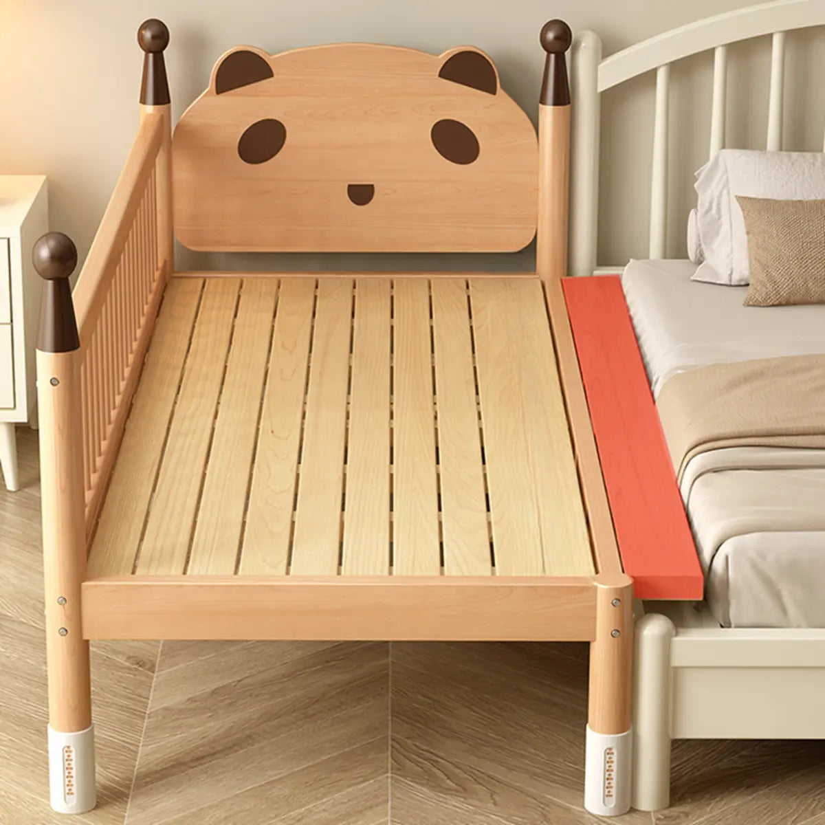 Natural Finish Wood Frame Kids Bed with Guardrail Image - 4