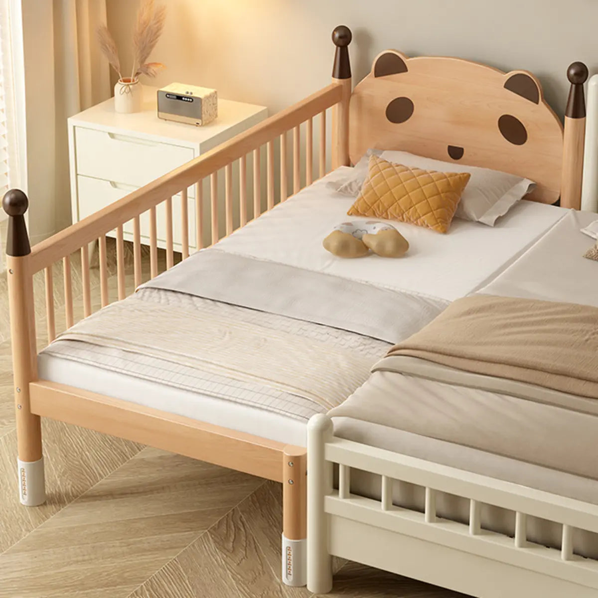 Natural Finish Wood Frame Kids Bed with Guardrail Image - 9