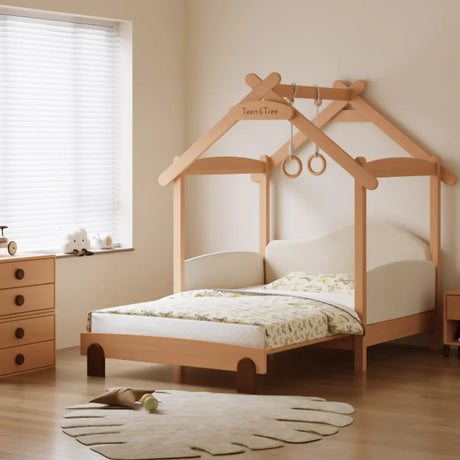 Natural Finish Wood House Shape Kids Bed with Guardrail Image - 1