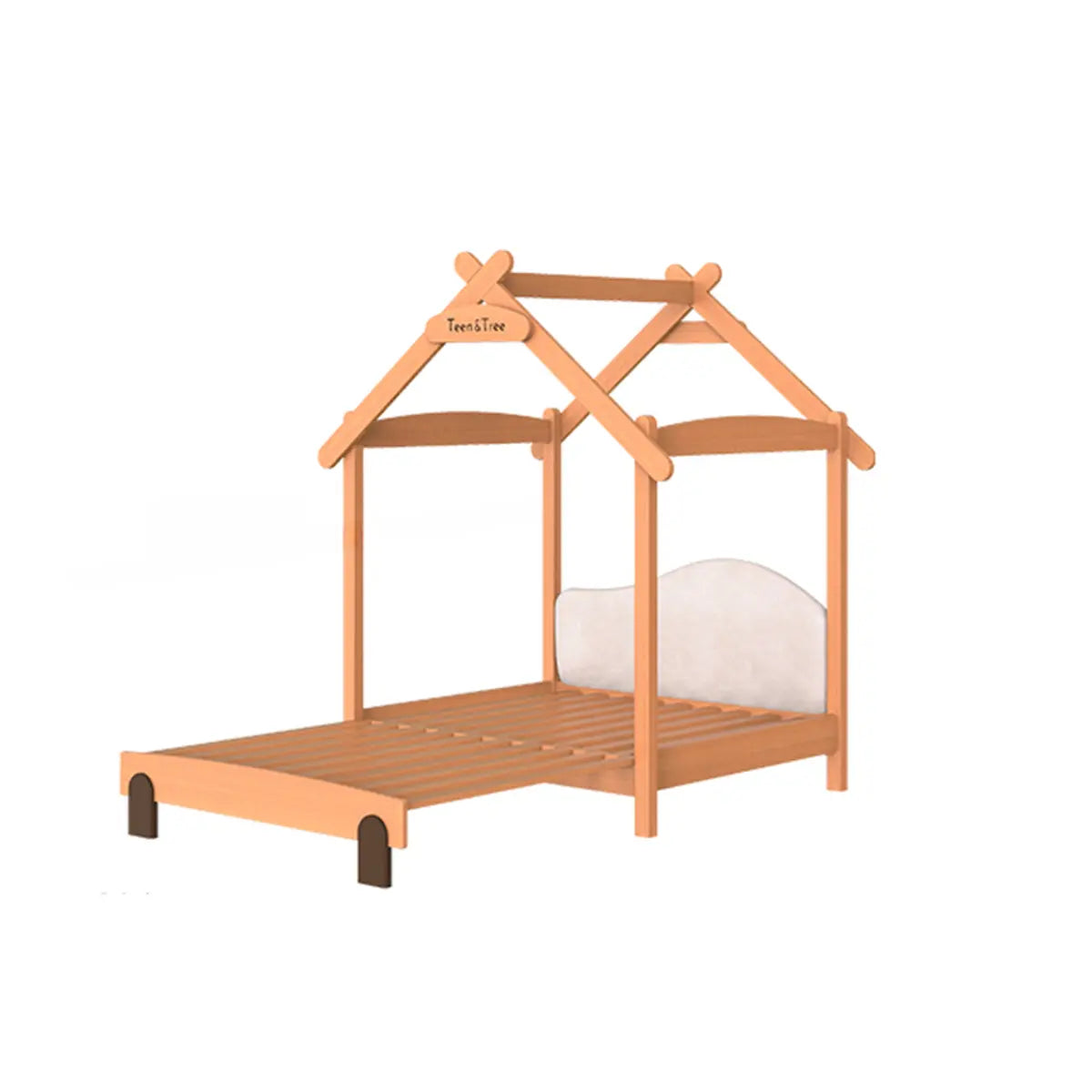 Natural Finish Wood House Shape Kids Bed with Guardrail Image - 2